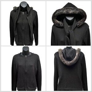 Y2K Black Zip Up Jersey Cardigan With Removable Fox Faux Fur Hood Women’s M